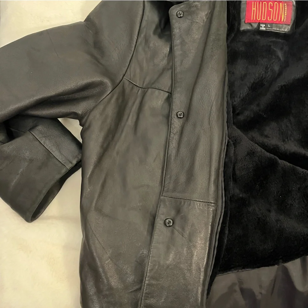 Hudson Outerwear Black Leather Coat Removable Faux Fur Lining Size Large